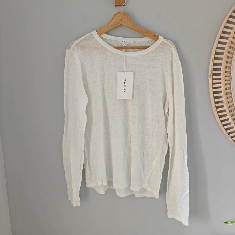 NWT FRAME Easy Crew Long Sleeve Organic Linen Top White L